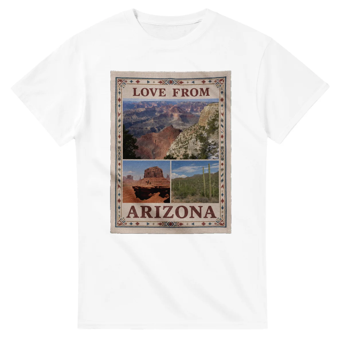 Framed scenic design for Arizona, with several local views, a decorative border and LOVE FROM lettering.