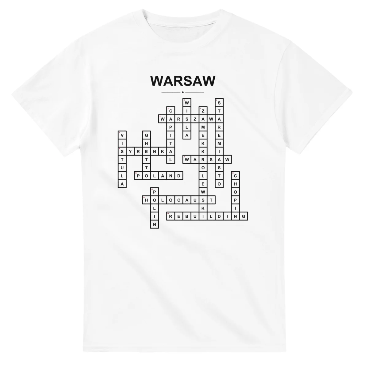 Monochrome crossword sheet for Warsaw, with a large place-name heading, a letter grid, and numbered across and down clues.