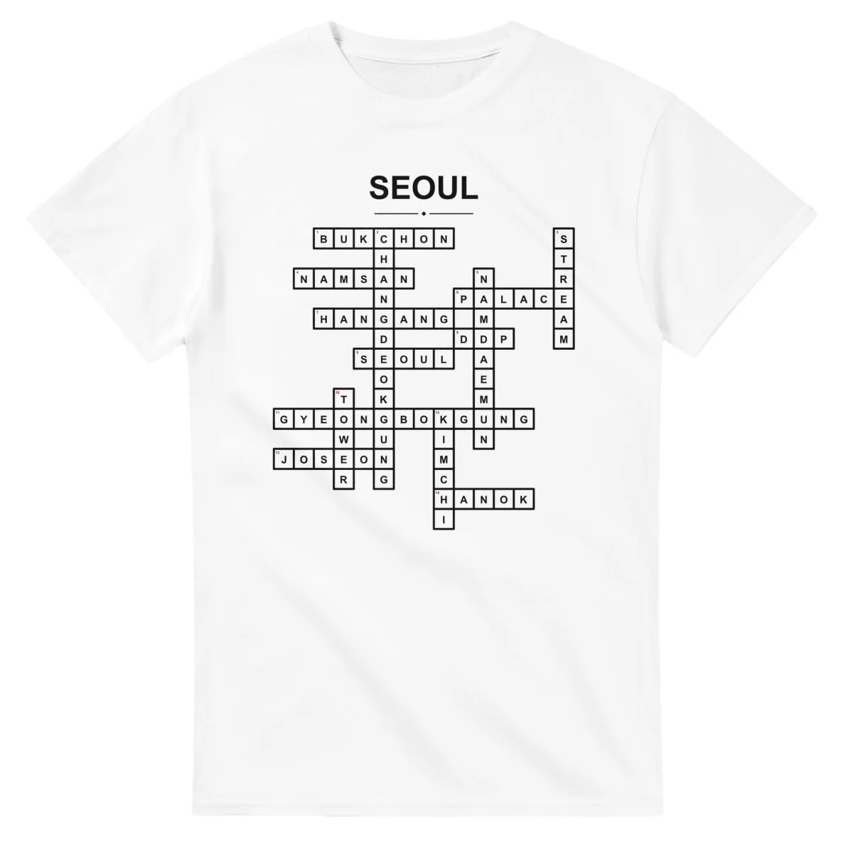 Monochrome crossword sheet for Seoul, with a large place-name heading, a letter grid, and numbered across and down clues.