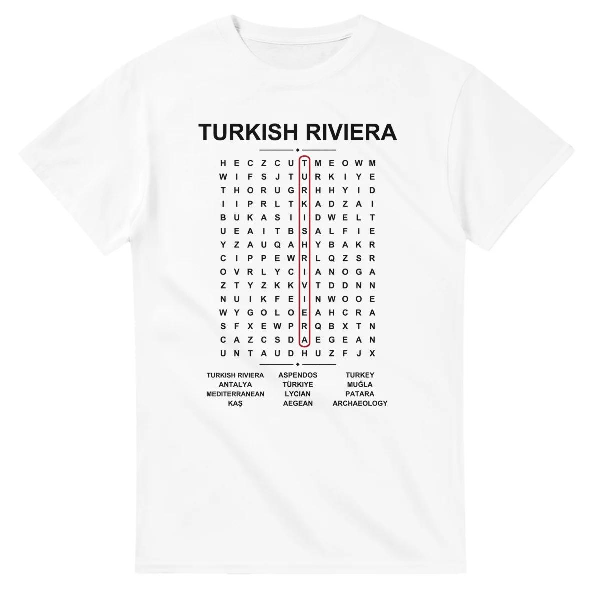 Word-search sheet for Turkish Riviera, with a large place-name heading, a letter grid, a local answer list, and a red highlighted example word.
