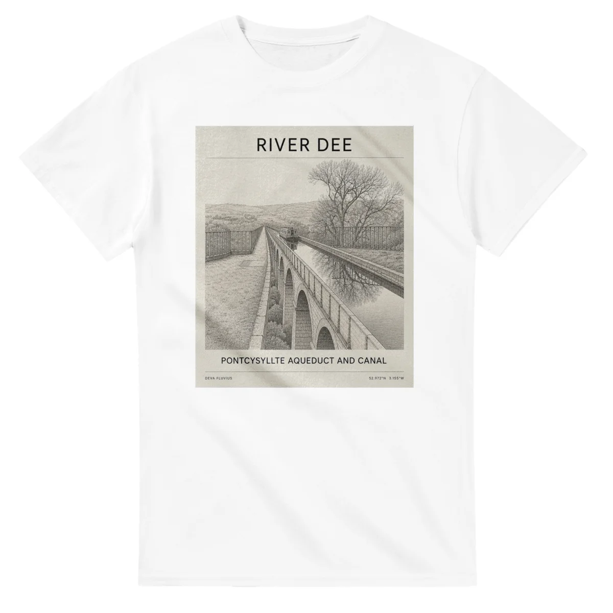 Fine-line engraving-style drawing for River Dee, with a landmark caption and small coordinate text.