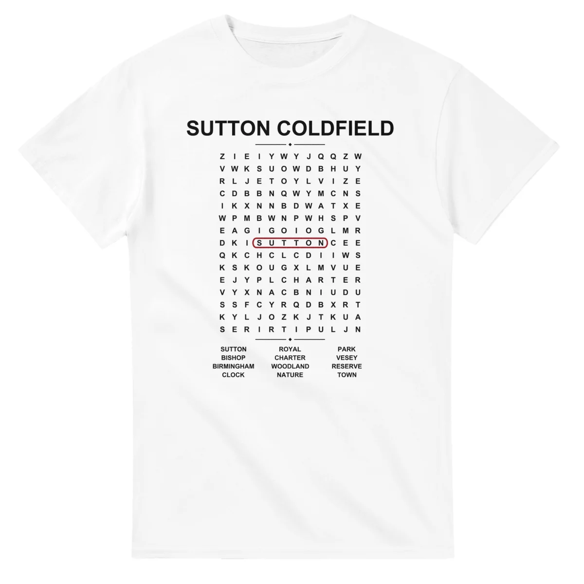 Word-search sheet for Sutton Coldfield, with a large place-name heading, a letter grid, a local answer list, and a red highlighted example word.