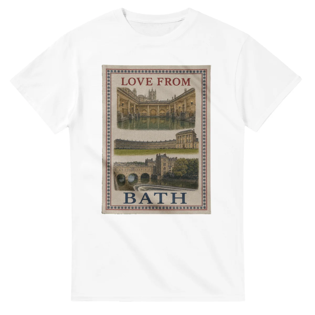 Framed scenic design for Bath, with several local views, a decorative border and LOVE FROM lettering.