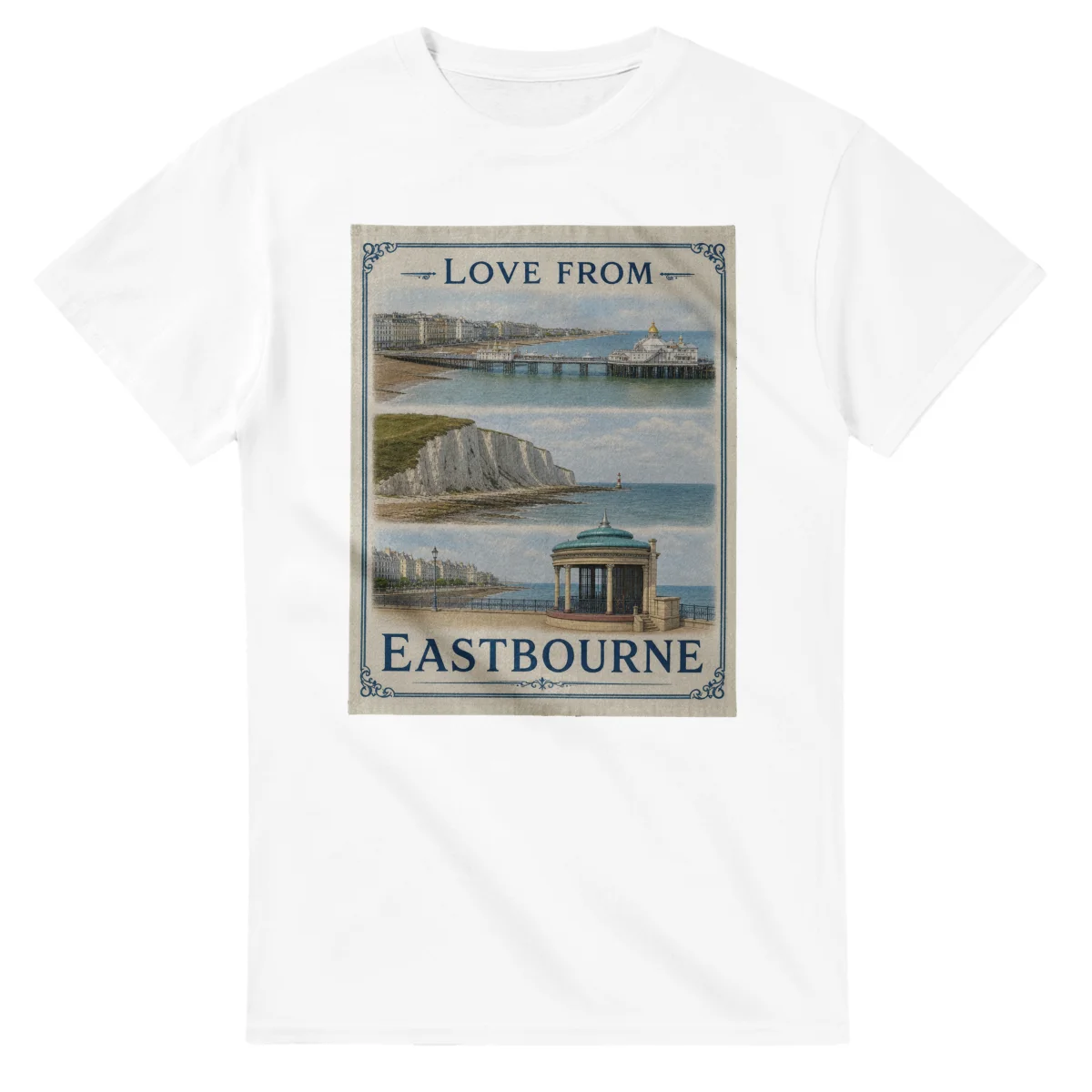 Framed scenic design for Eastbourne, with several local views, a decorative border and LOVE FROM lettering.