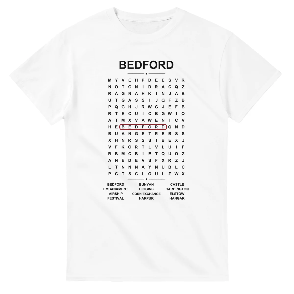 Word-search sheet for Bedford, with a large place-name heading, a letter grid, a local answer list, and a red highlighted example word.