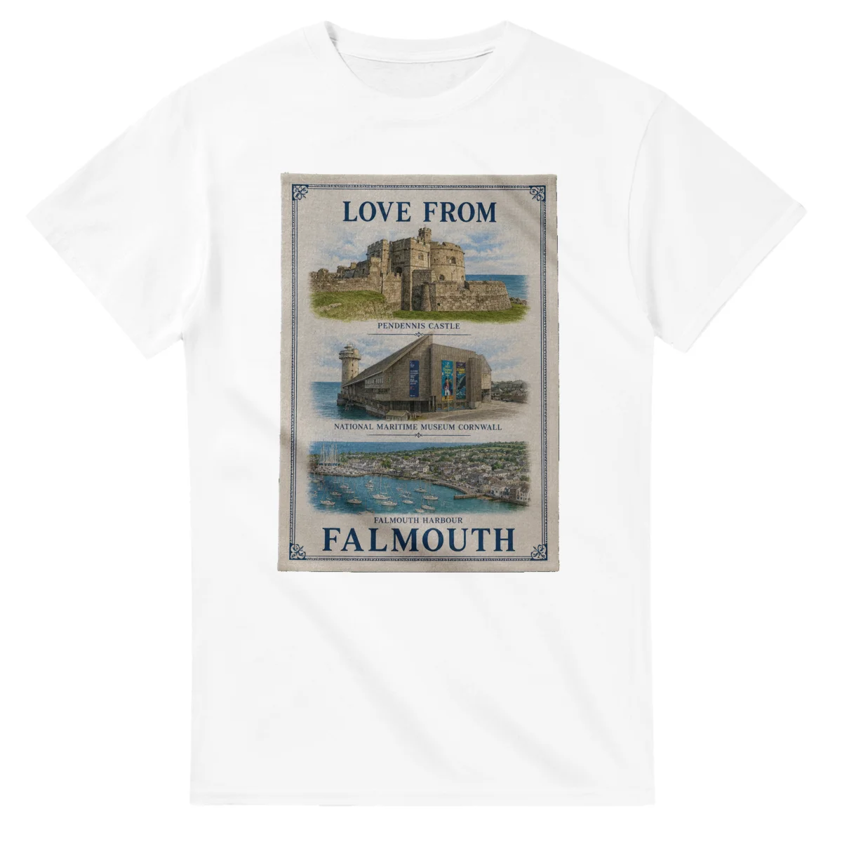Framed scenic design for Falmouth, with several local views, a decorative border and LOVE FROM lettering.