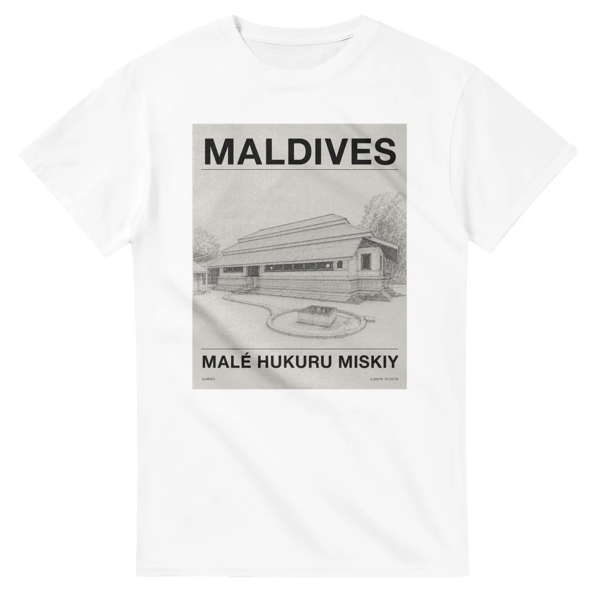 Fine-line engraving-style drawing for Maldives, with a landmark caption and small coordinate text.