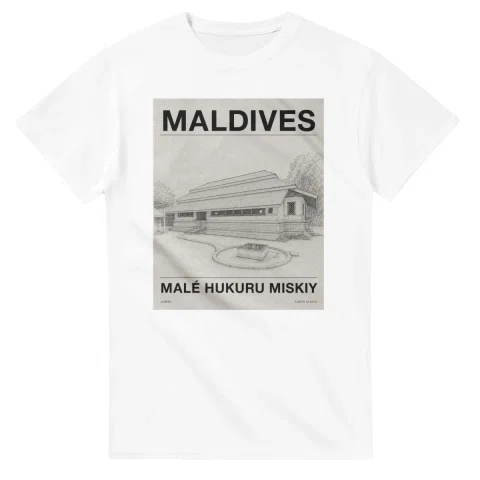 Fine-line engraving-style drawing for Maldives, with a landmark caption and small coordinate text.