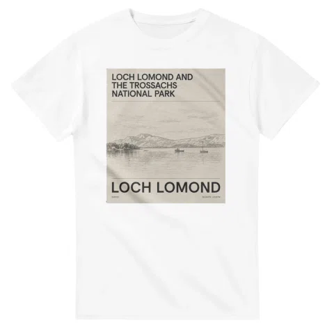 Fine-line engraving-style drawing for Loch Lomond and The Trossachs National Park, with a landmark caption and small coordinate text.