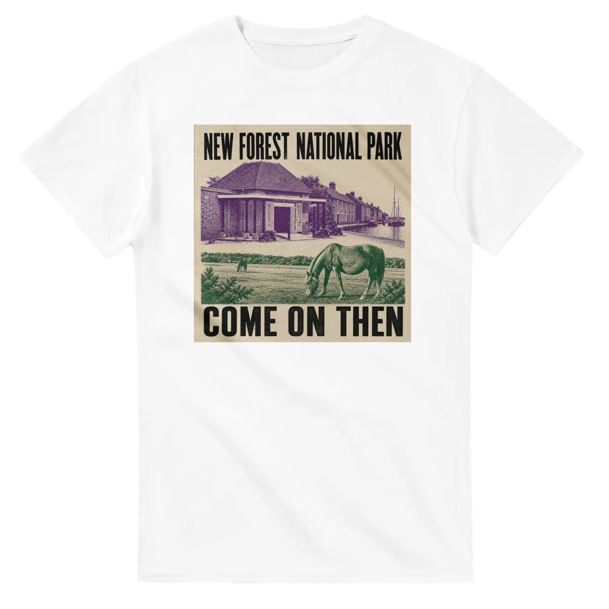 Two-colour scenic illustration for New Forest National Park, with the place name and COME ON THEN lettering.
