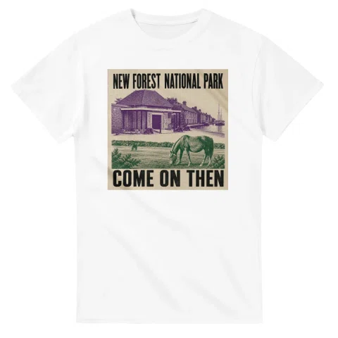 Two-colour scenic illustration for New Forest National Park, with the place name and COME ON THEN lettering.