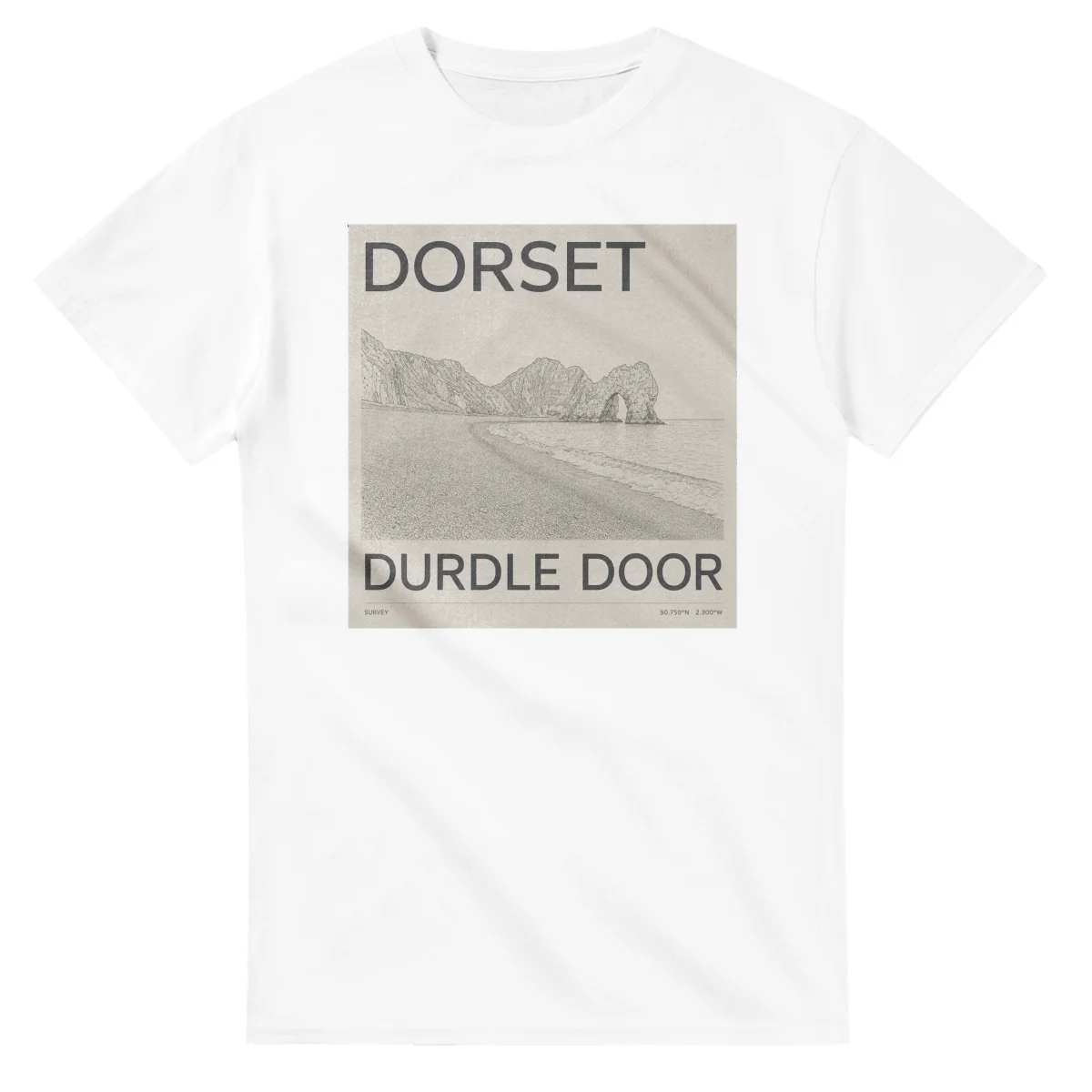 Fine-line engraving-style drawing for Dorset, with a landmark caption and small coordinate text.
