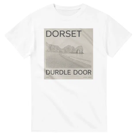Fine-line engraving-style drawing for Dorset, with a landmark caption and small coordinate text.