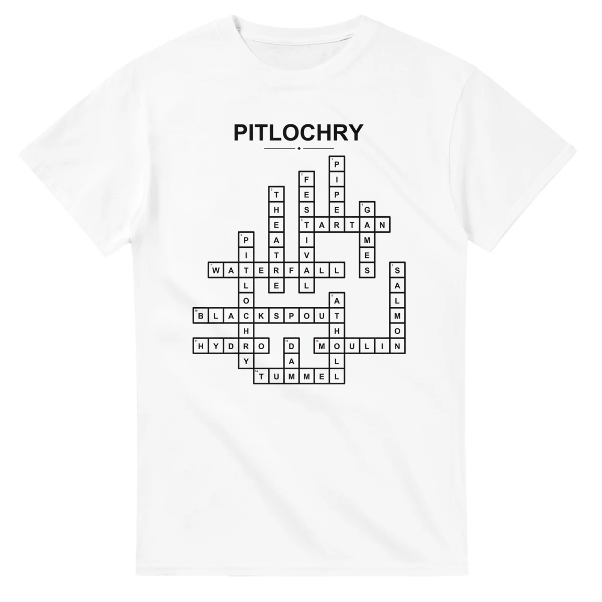 Monochrome crossword sheet for Pitlochry, with a large place-name heading, a letter grid, and numbered across and down clues.