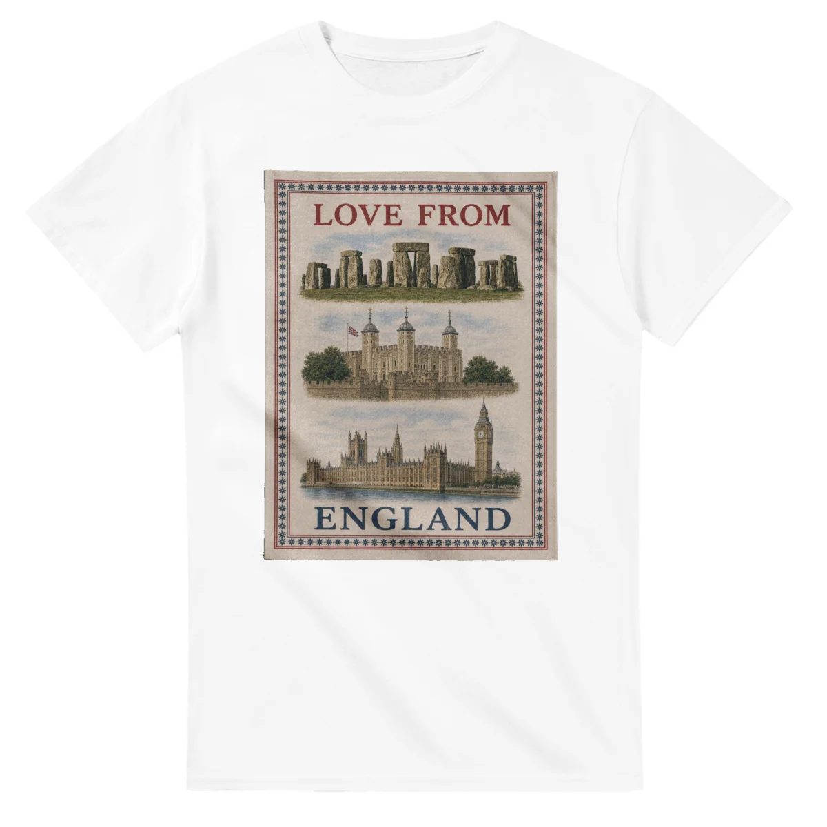 Framed scenic design for England, with several local views, a decorative border and LOVE FROM lettering.