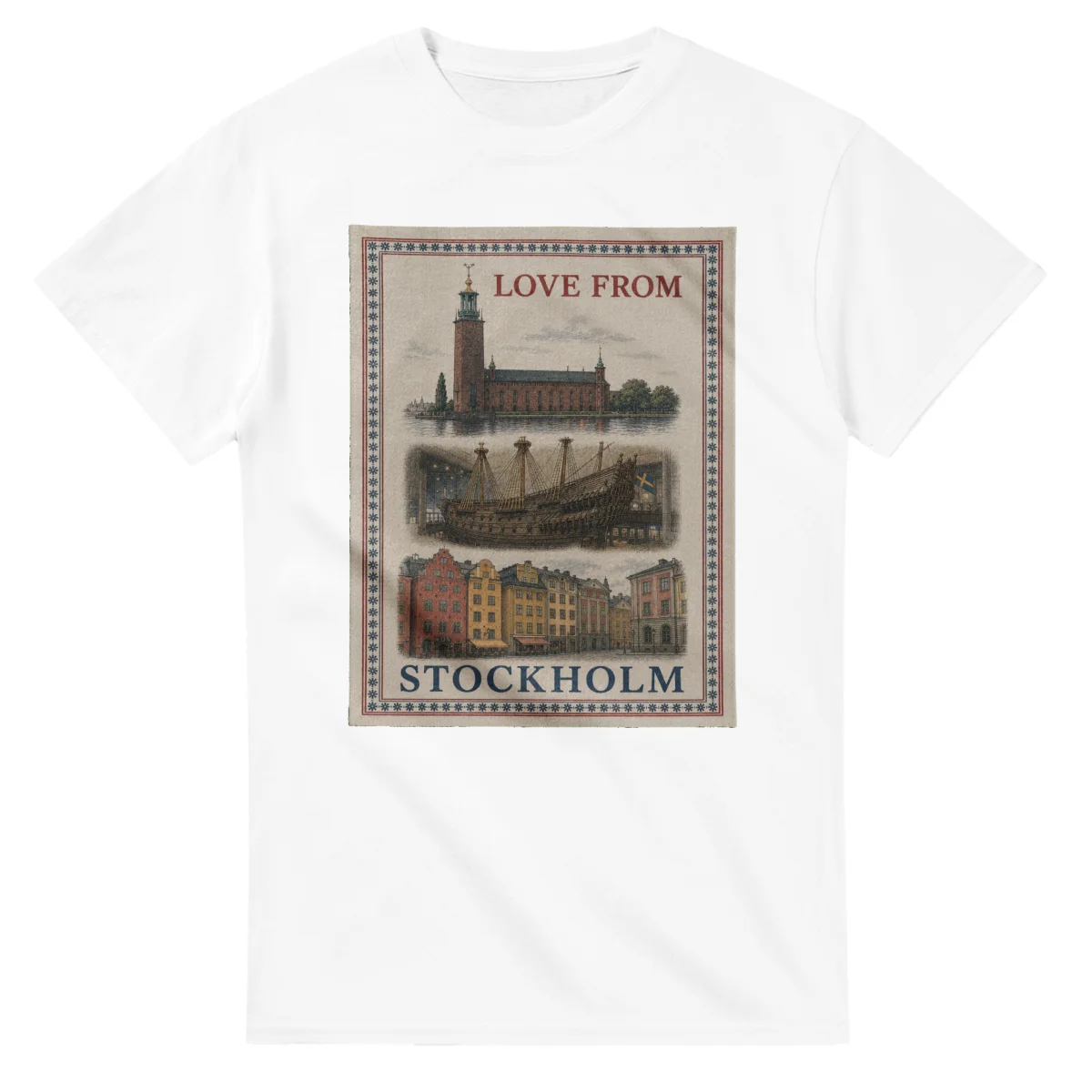 Framed scenic design for Stockholm, with several local views, a decorative border and LOVE FROM lettering.