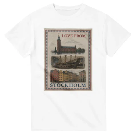 Framed scenic design for Stockholm, with several local views, a decorative border and LOVE FROM lettering.