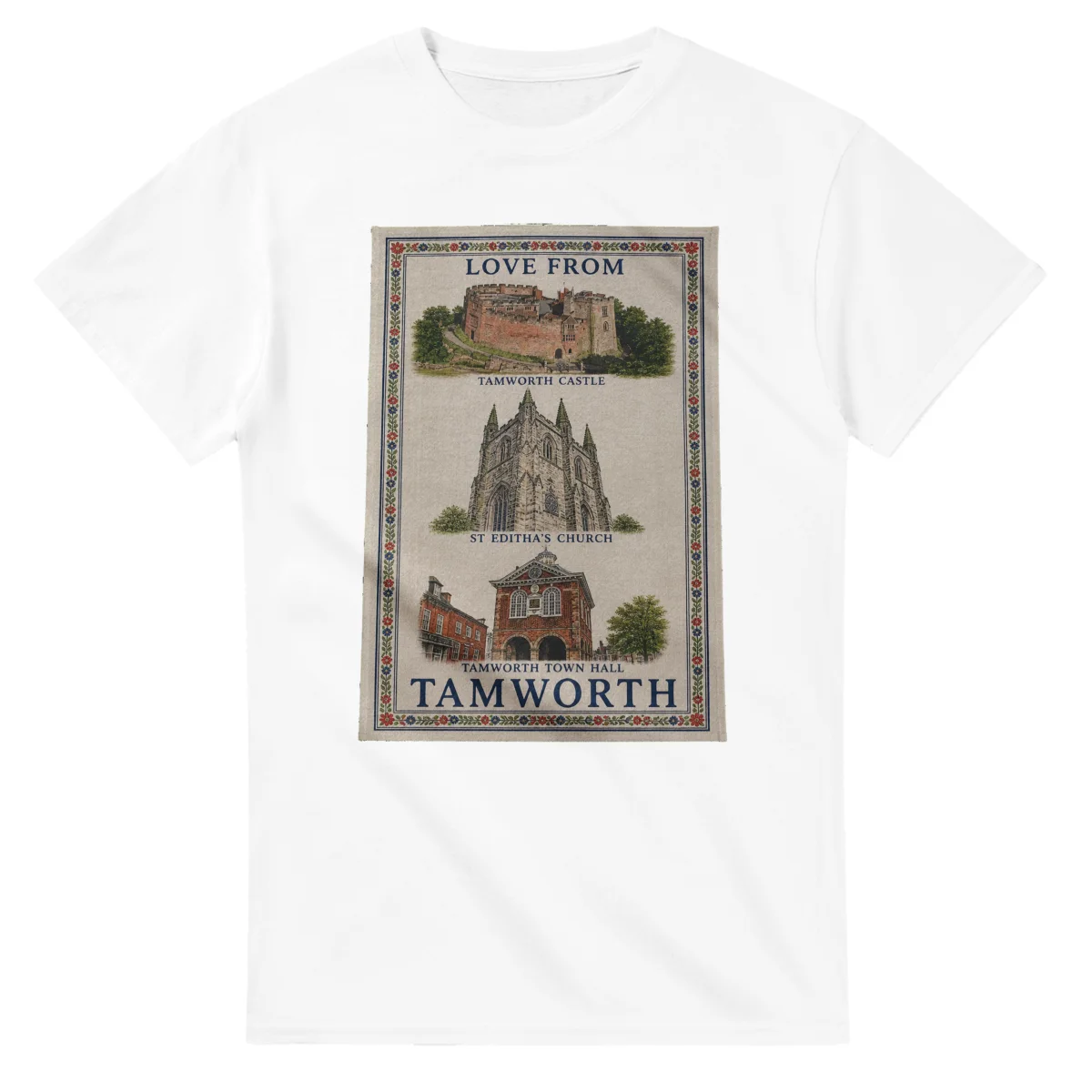 Framed scenic design for Tamworth, with several local views, a decorative border and LOVE FROM lettering.