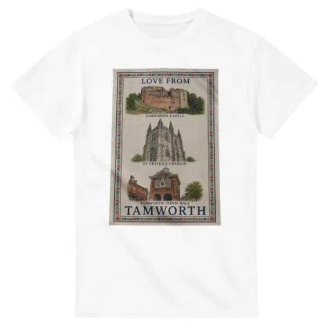 Framed scenic design for Tamworth, with several local views, a decorative border and LOVE FROM lettering.