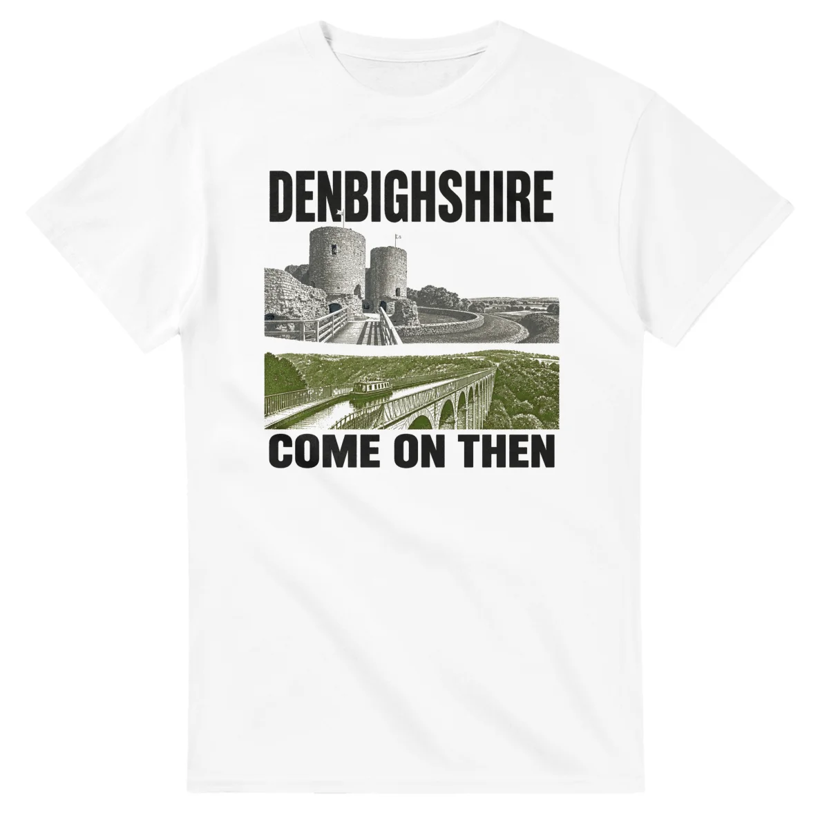 Two-colour scenic illustration for Denbighshire, with the place name and COME ON THEN lettering.