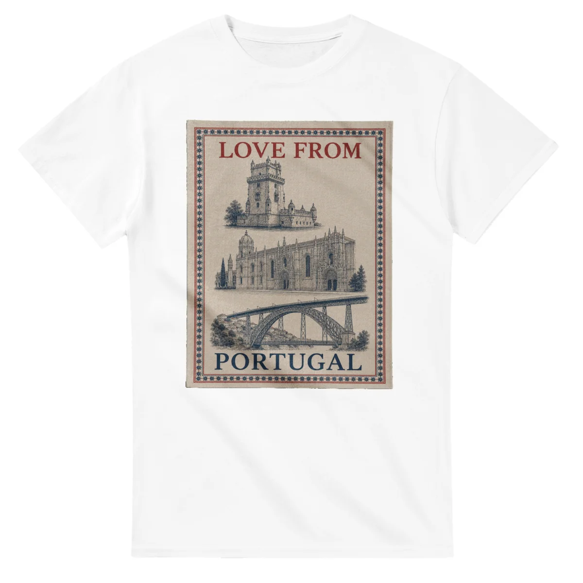 Framed scenic design for Portugal, with several local views, a decorative border and LOVE FROM lettering.