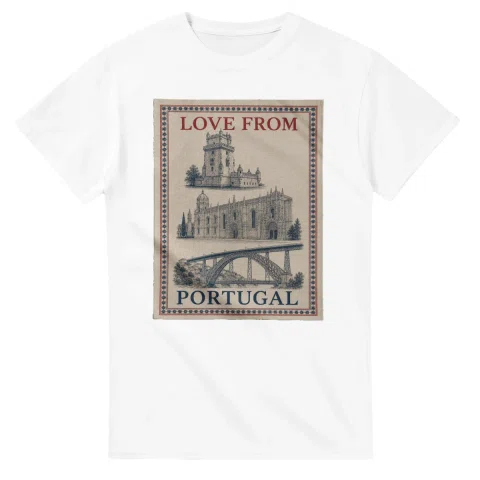 Framed scenic design for Portugal, with several local views, a decorative border and LOVE FROM lettering.