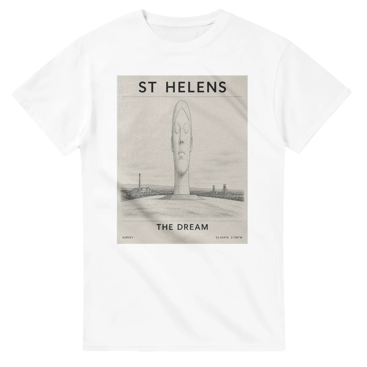 Fine-line engraving-style drawing for St Helens, with a landmark caption and small coordinate text.