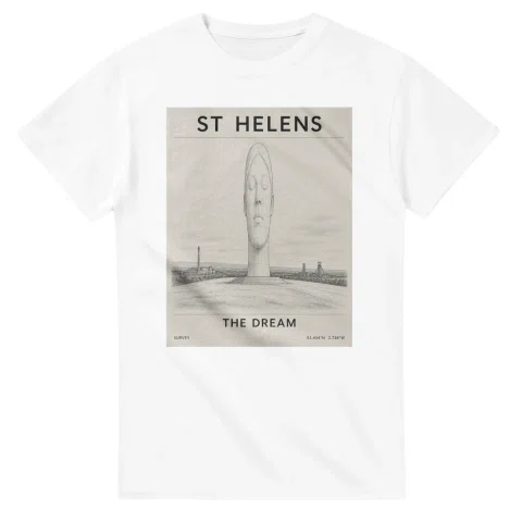 Fine-line engraving-style drawing for St Helens, with a landmark caption and small coordinate text.