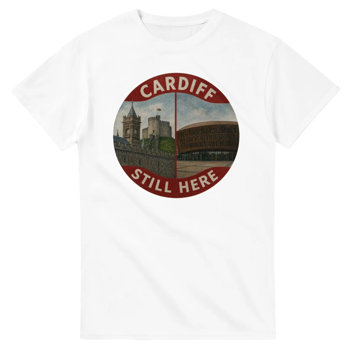 Painted, panelled scenic illustration for Cardiff, with paired local scenes and the place name in lettering.