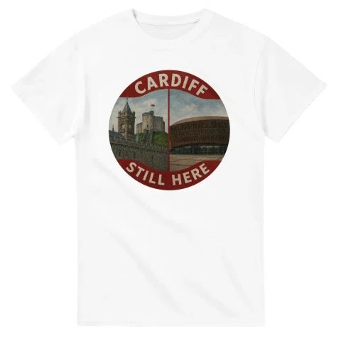 Painted, panelled scenic illustration for Cardiff, with paired local scenes and the place name in lettering.