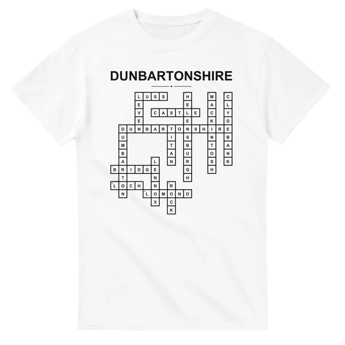Monochrome crossword sheet for Dunbartonshire, with a large place-name heading, a letter grid, and numbered across and down clues.