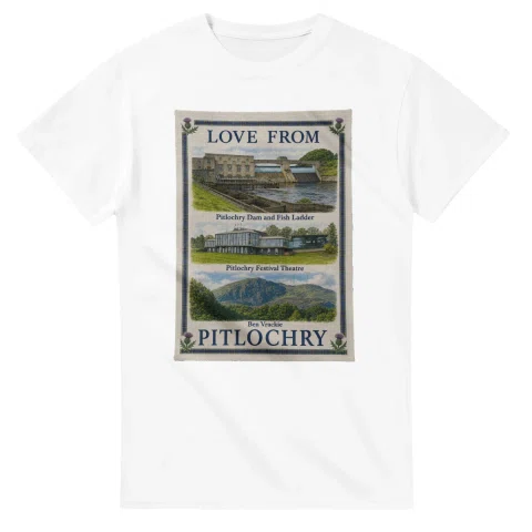 Framed scenic design for Pitlochry, with several local views, a decorative border and LOVE FROM lettering.