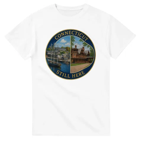 Painted, panelled scenic illustration for Connecticut, with paired local scenes and the place name in lettering.