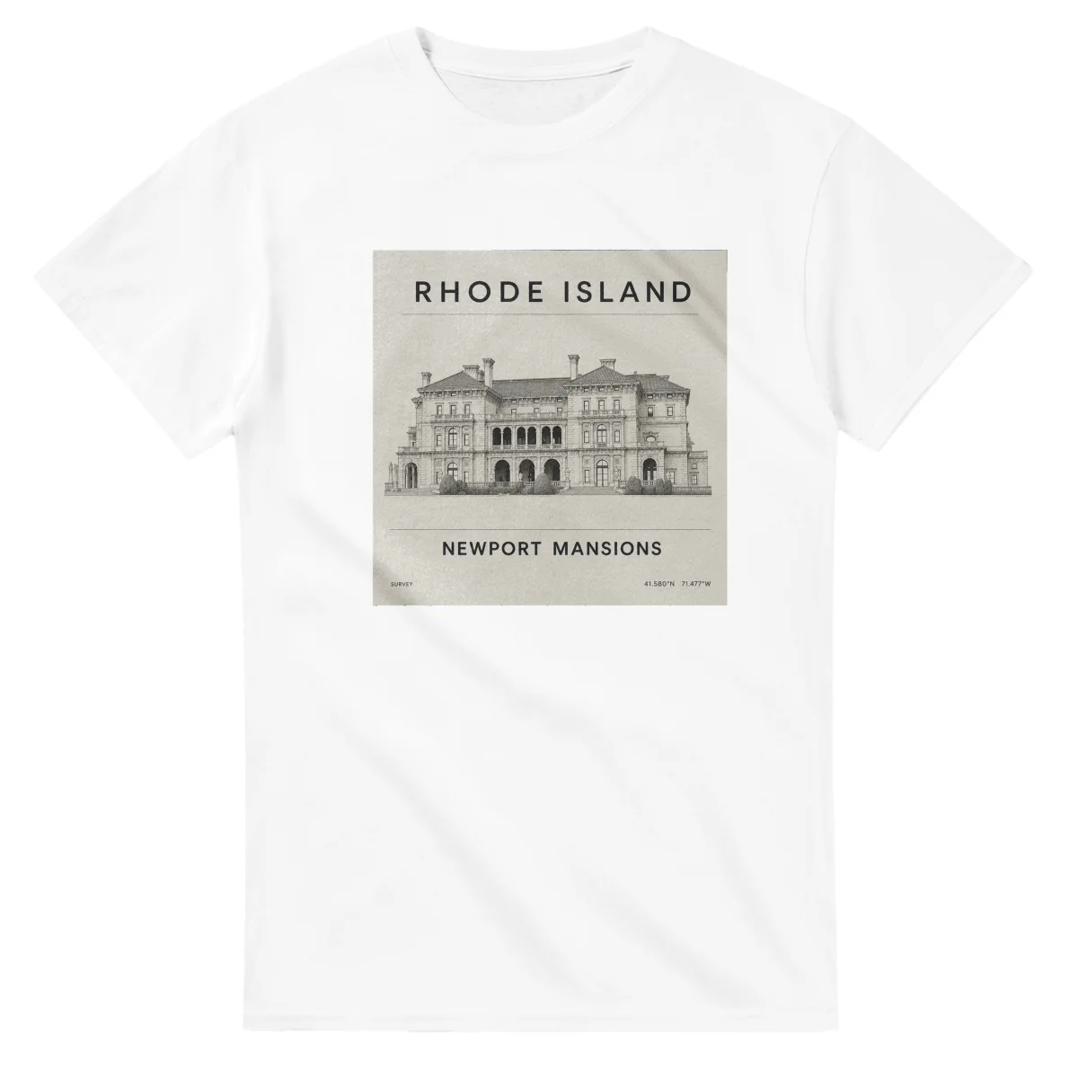 Fine-line engraving-style drawing for Rhode Island, with a landmark caption and small coordinate text.