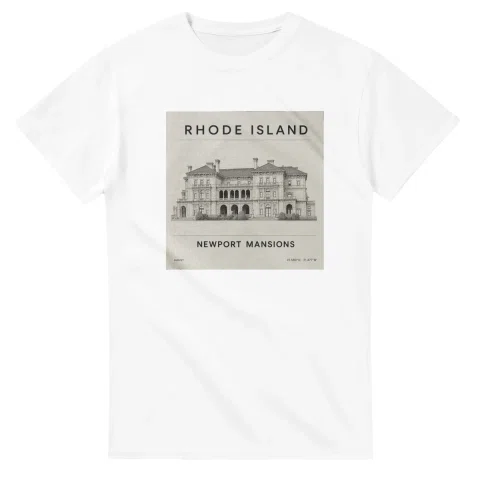 Fine-line engraving-style drawing for Rhode Island, with a landmark caption and small coordinate text.