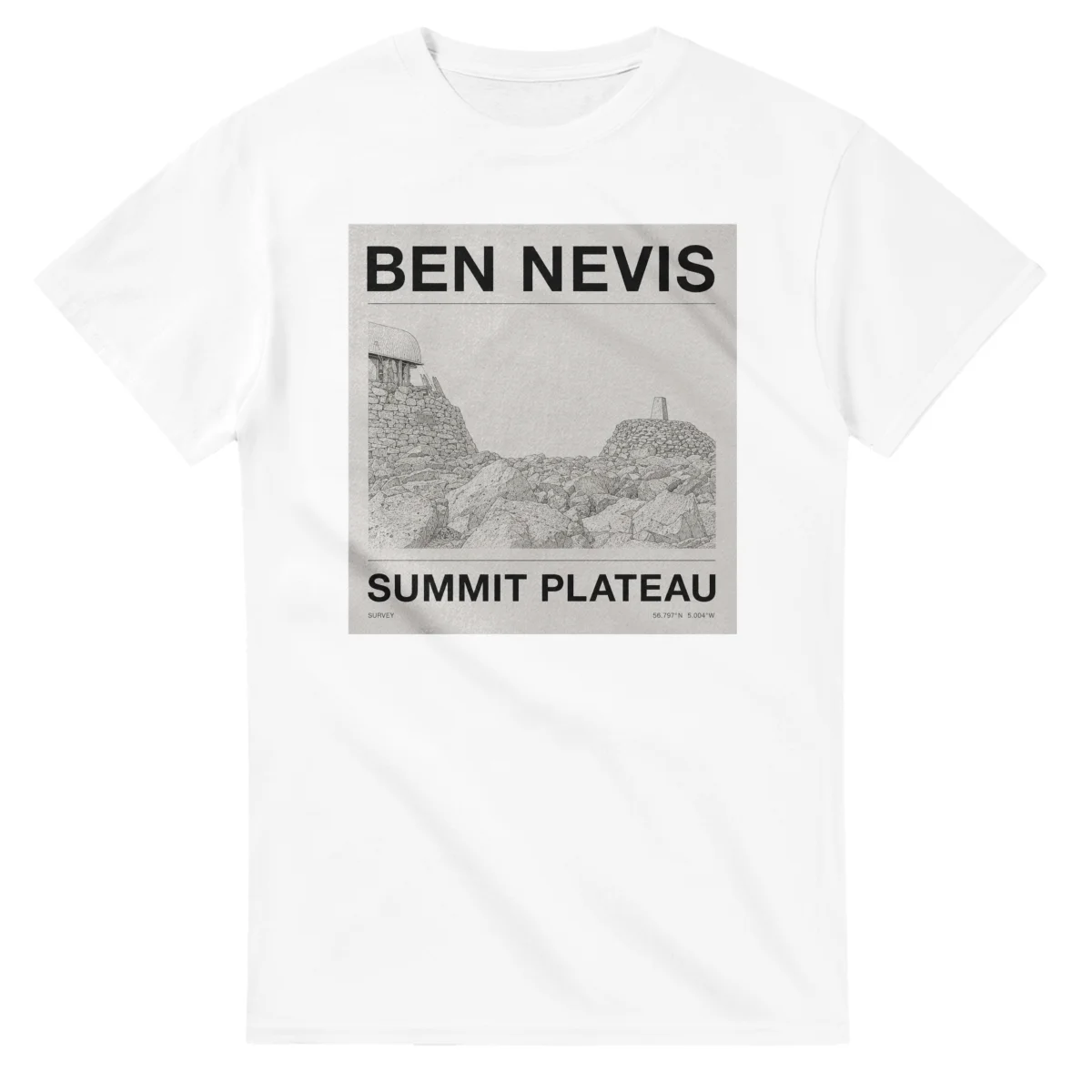 Fine-line engraving-style drawing for Ben Nevis, with a landmark caption and small coordinate text.