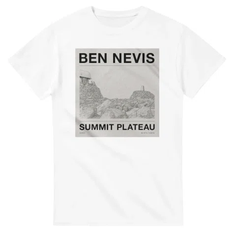 Fine-line engraving-style drawing for Ben Nevis, with a landmark caption and small coordinate text.