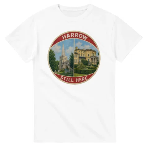 Painted, panelled scenic illustration for London Borough of Harrow, with paired local scenes and the place name in lettering.