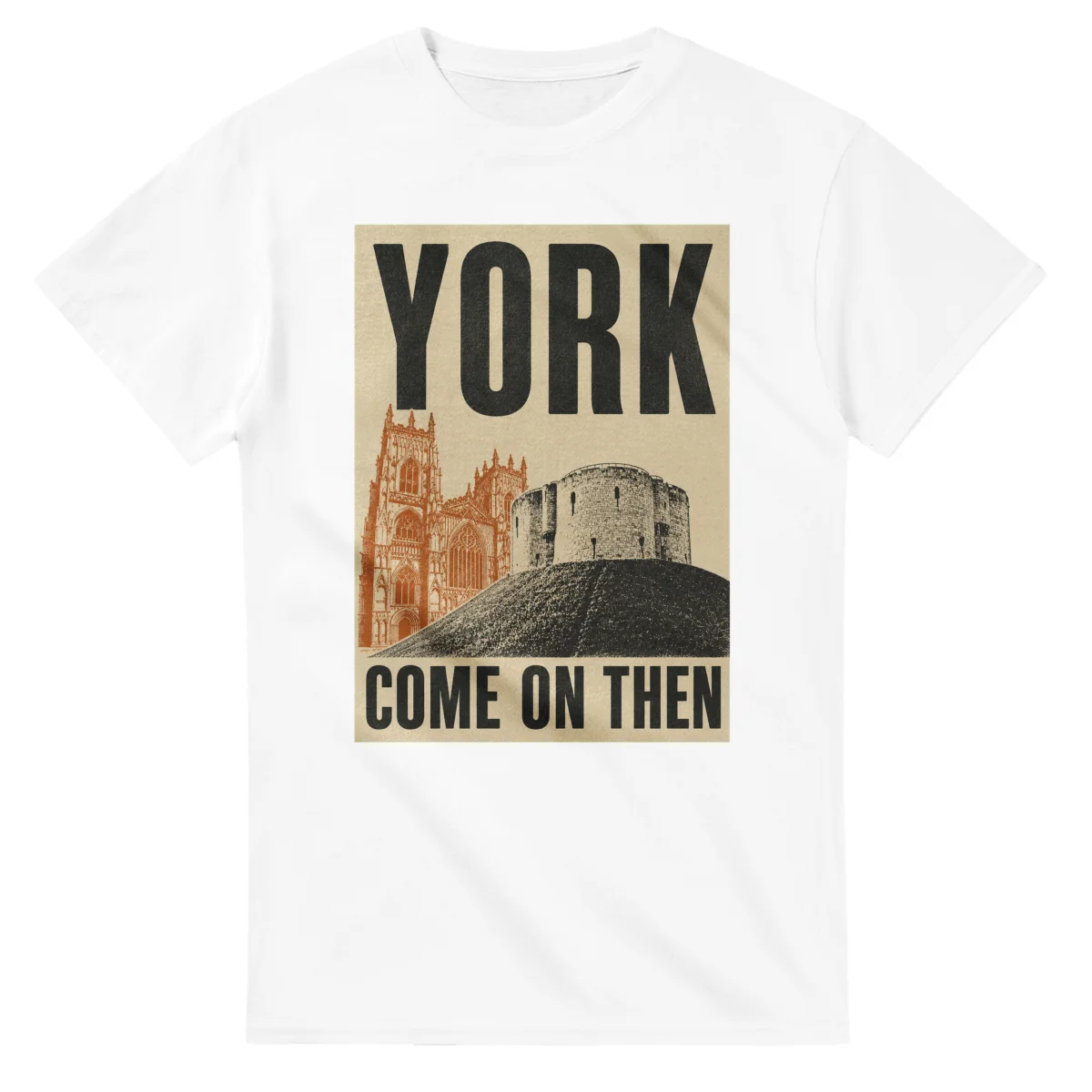 Two-colour scenic illustration for York, with the place name and COME ON THEN lettering.