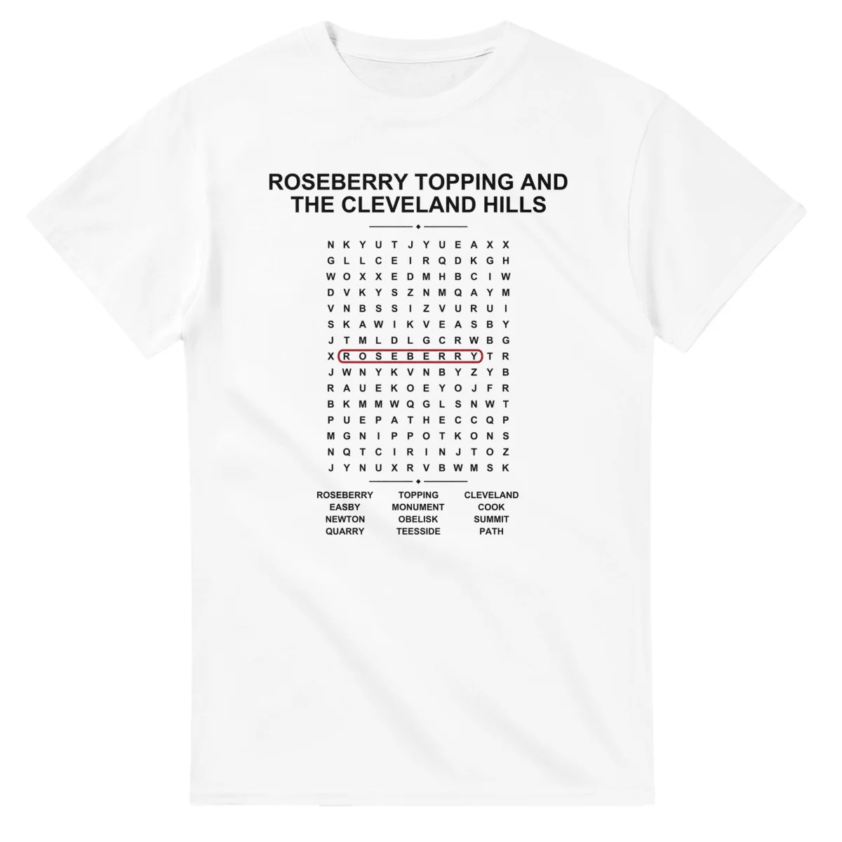 Word-search sheet for Roseberry Topping and the Cleveland Hills, with a large place-name heading, a letter grid, a local answer list, and a red highlighted example word.