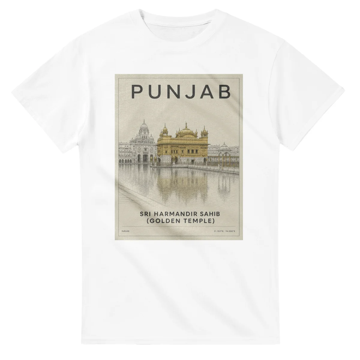 Fine-line engraving-style drawing for Punjab, with a landmark caption and small coordinate text.