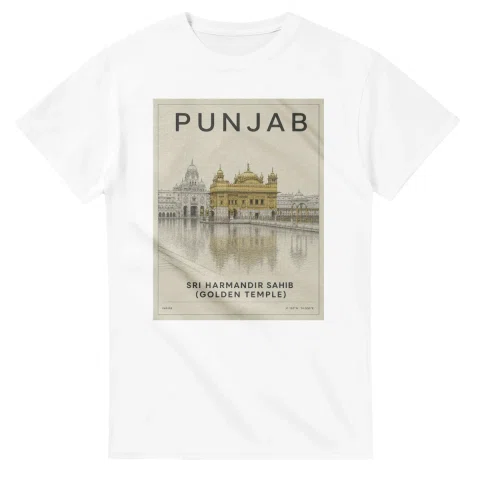 Fine-line engraving-style drawing for Punjab, with a landmark caption and small coordinate text.