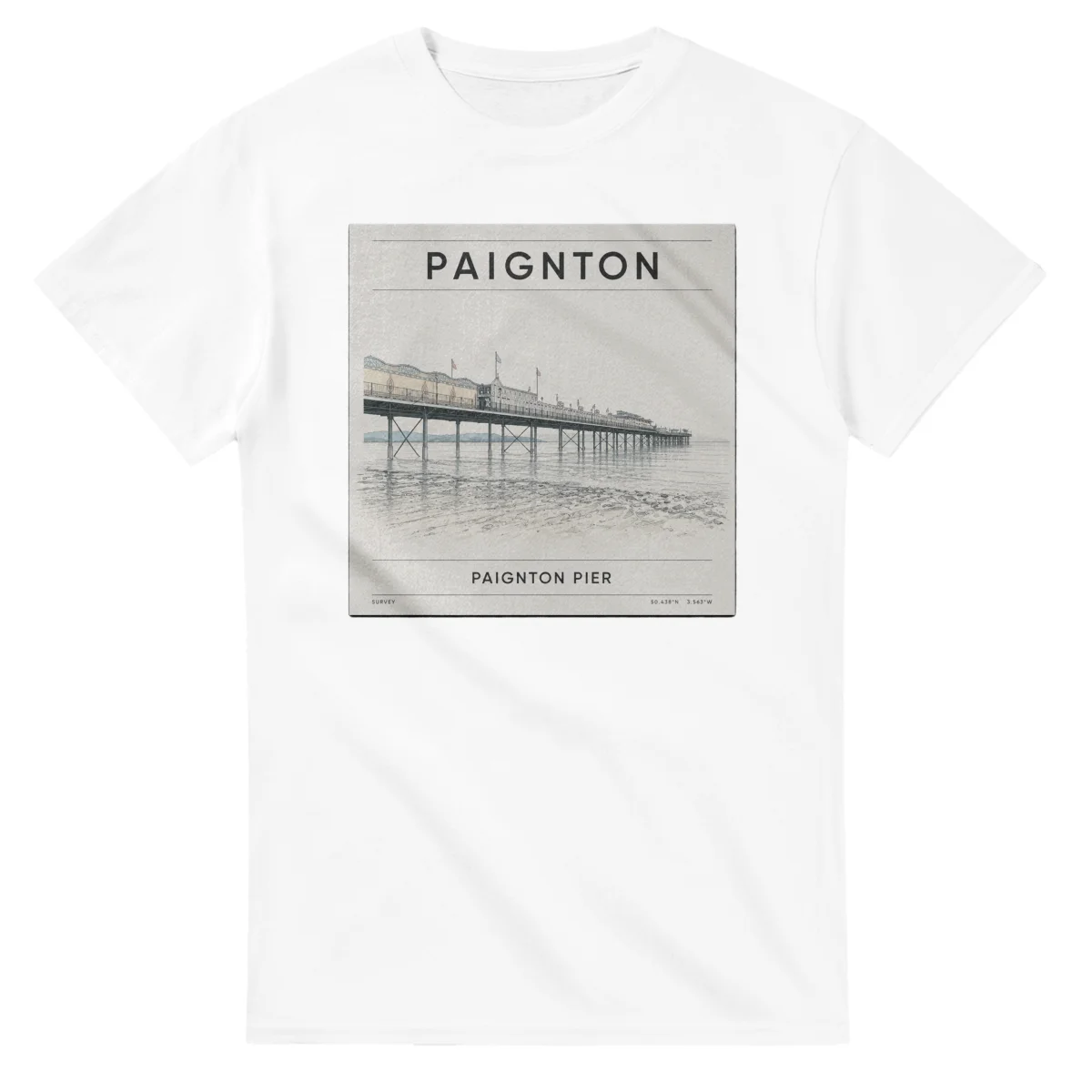 Fine-line engraving-style drawing for Paignton, with a landmark caption and small coordinate text.