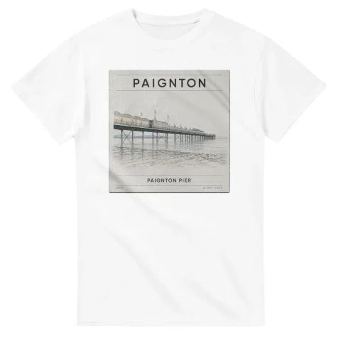 Fine-line engraving-style drawing for Paignton, with a landmark caption and small coordinate text.