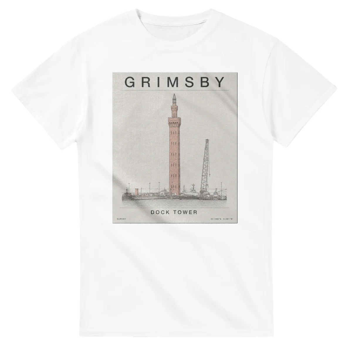 Fine-line engraving-style drawing for Grimsby, with a landmark caption and small coordinate text.
