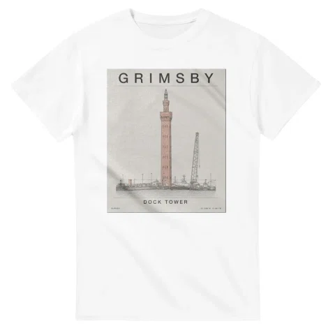 Fine-line engraving-style drawing for Grimsby, with a landmark caption and small coordinate text.
