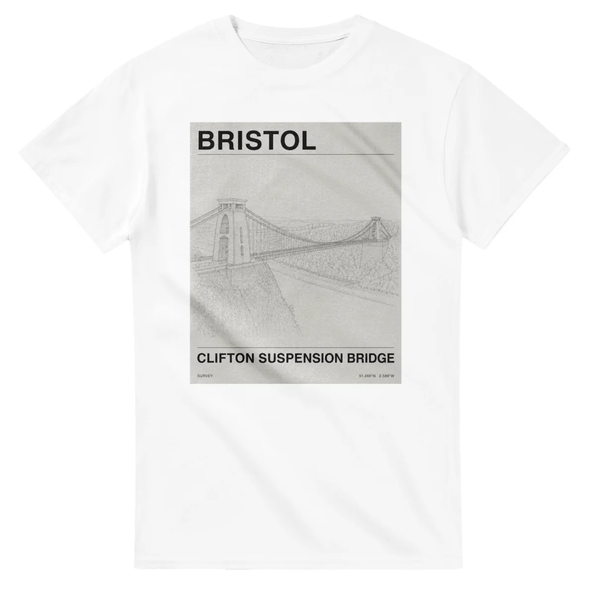 Fine-line engraving-style drawing for Bristol, with a landmark caption and small coordinate text.