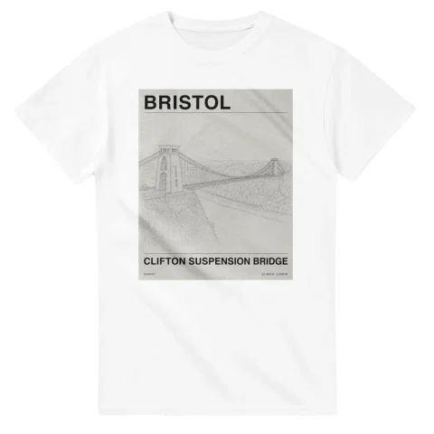 Fine-line engraving-style drawing for Bristol, with a landmark caption and small coordinate text.