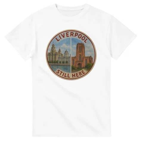 Painted, panelled scenic illustration for Liverpool, with paired local scenes and the place name in lettering.