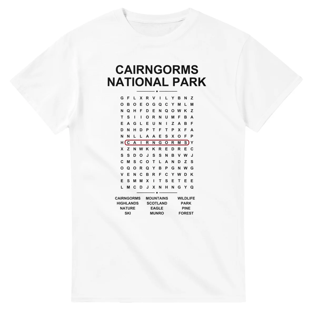 Word-search sheet for Cairngorms National Park, with a large place-name heading, a letter grid, a local answer list, and a red highlighted example word.